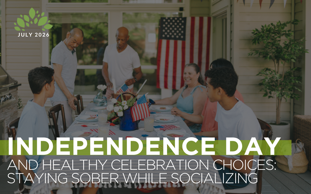 Friends celebrating Independence Day with non-alcoholic drinks and healthy choices while enjoying a sober Fourth of July gathering.